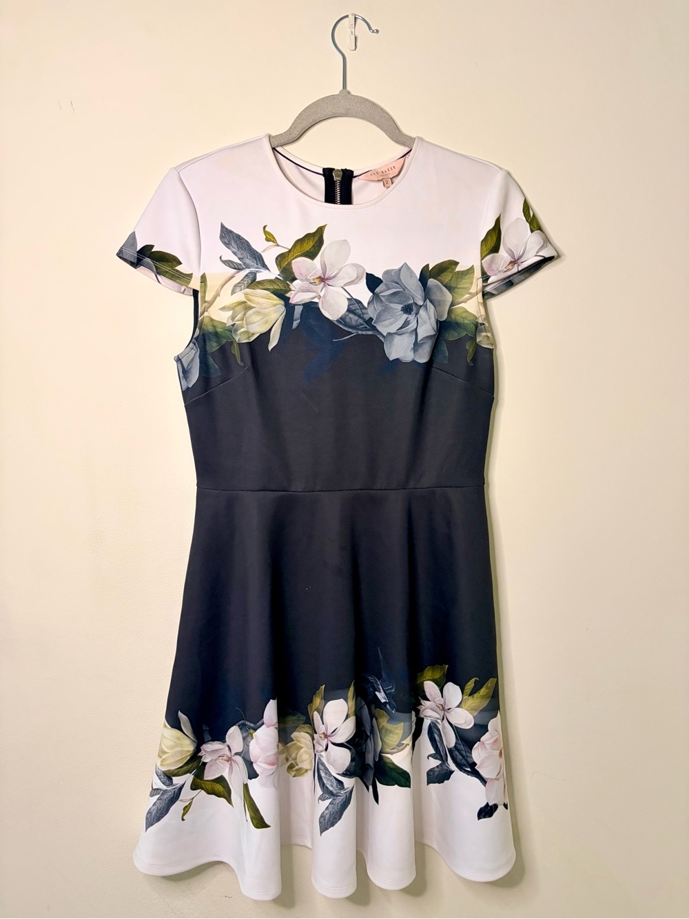 Ted Baker White and Dark Gray Floral Fit-and-Flare Mini Dress